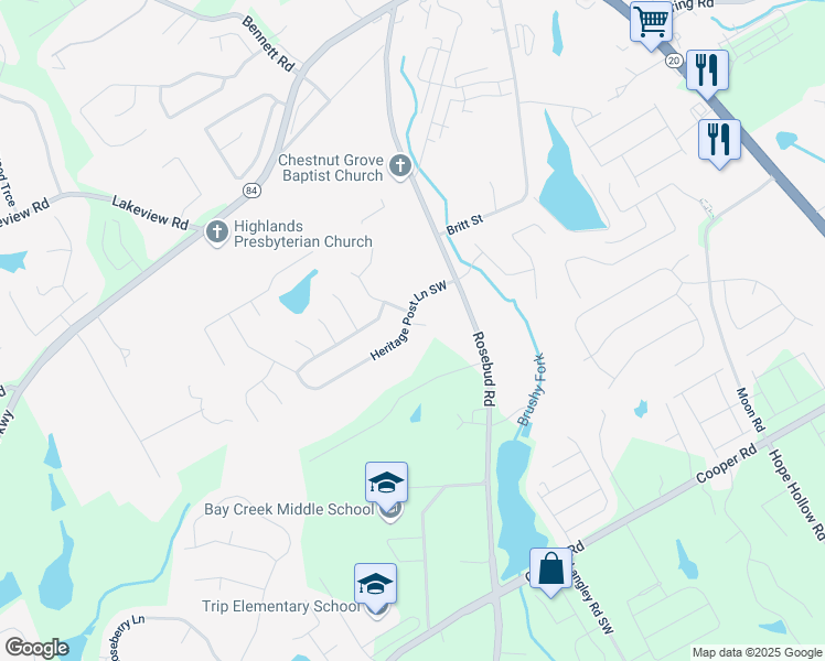 map of restaurants, bars, coffee shops, grocery stores, and more near 692 Heritage Post Lane Southwest in Grayson