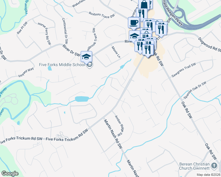 map of restaurants, bars, coffee shops, grocery stores, and more near 3245 Landingview Court in Lilburn
