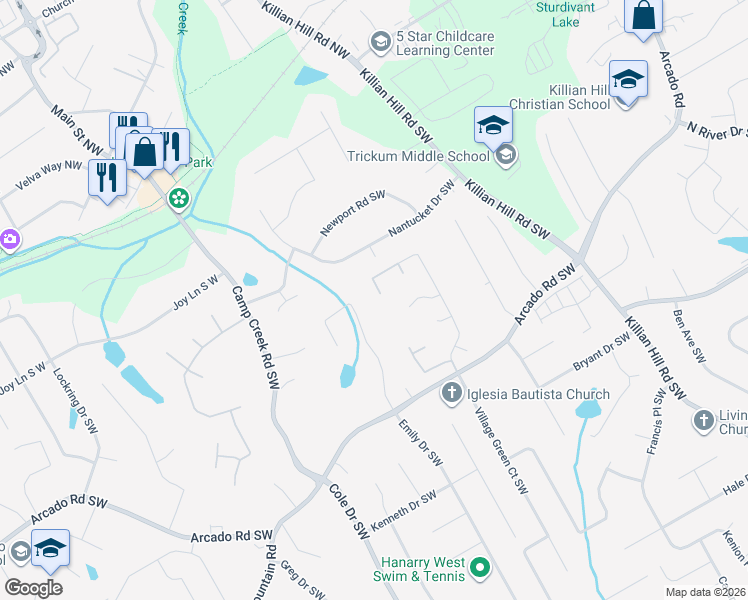 map of restaurants, bars, coffee shops, grocery stores, and more near 30 Village Green Court Southwest in Lilburn