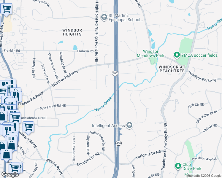 map of restaurants, bars, coffee shops, grocery stores, and more near 4649 Canyon Creek Trail in Atlanta