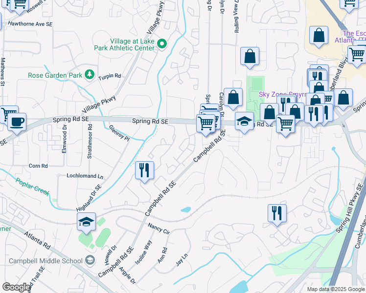map of restaurants, bars, coffee shops, grocery stores, and more near 705 Country Park Drive in Smyrna