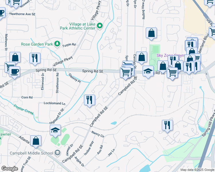 map of restaurants, bars, coffee shops, grocery stores, and more near 605 Countryside Place in Smyrna