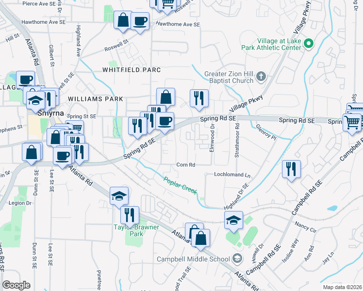 map of restaurants, bars, coffee shops, grocery stores, and more near 2939 Lexington Trace Drive in Smyrna