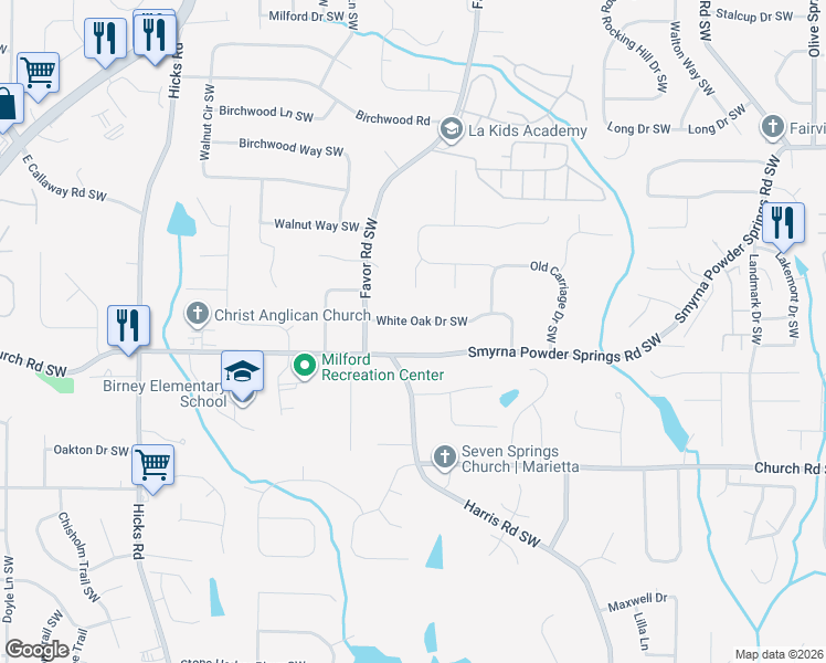 map of restaurants, bars, coffee shops, grocery stores, and more near 537 White Oak Drive Southwest in Marietta