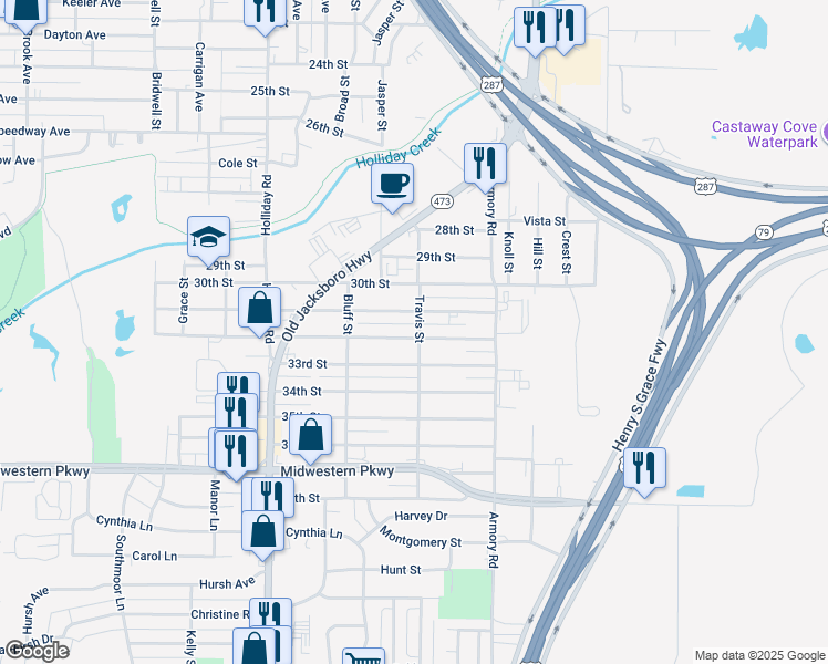 map of restaurants, bars, coffee shops, grocery stores, and more near 1301 31st Street in Wichita Falls