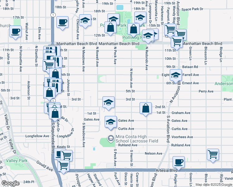 map of restaurants, bars, coffee shops, grocery stores, and more near 1500 5th Street in Manhattan Beach