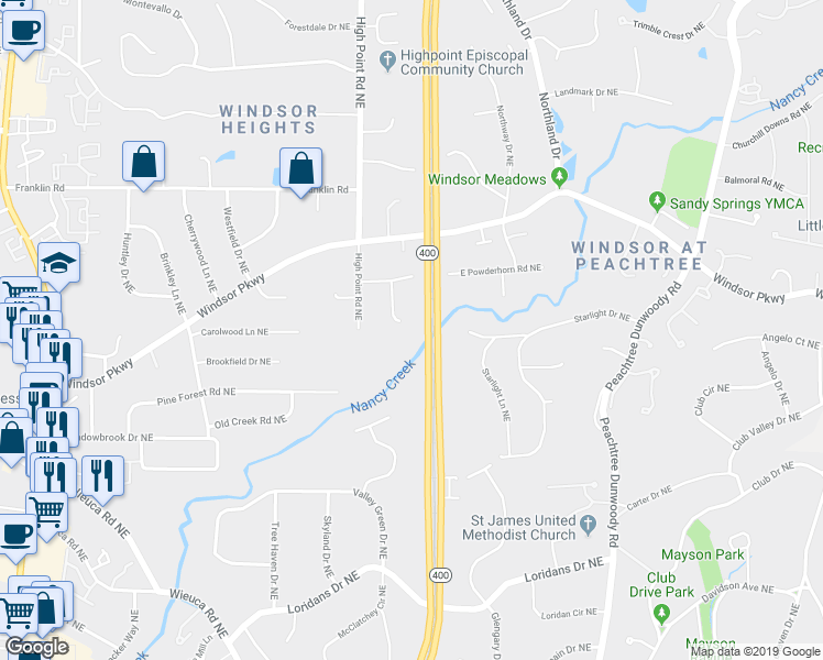map of restaurants, bars, coffee shops, grocery stores, and more near 4649 Canyon Creek Trail in Atlanta