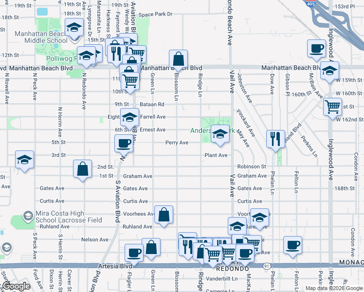 map of restaurants, bars, coffee shops, grocery stores, and more near 2109 Perry Avenue in Redondo Beach