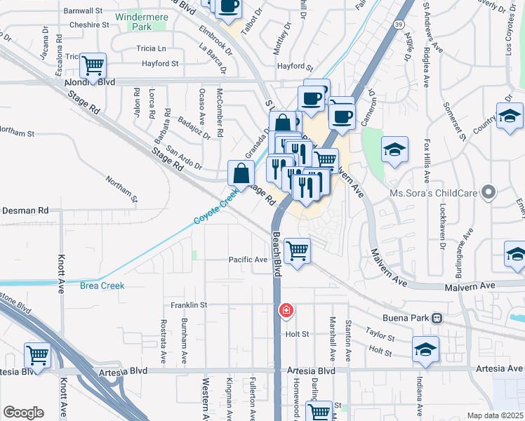 map of restaurants, bars, coffee shops, grocery stores, and more near 5450 Dodds Avenue in Buena Park