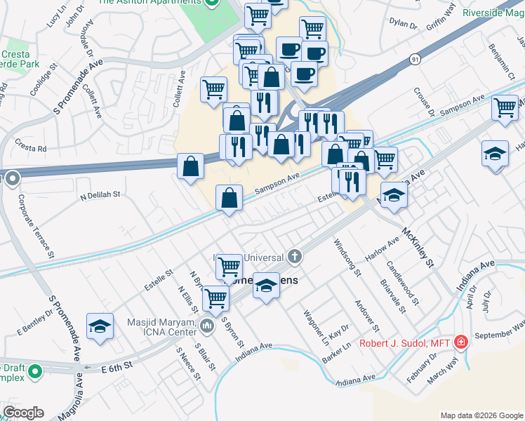 map of restaurants, bars, coffee shops, grocery stores, and more near 13385 Estelle Street in Corona