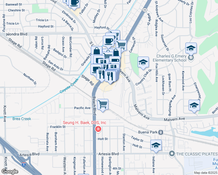 map of restaurants, bars, coffee shops, grocery stores, and more near 5448 River Way in Buena Park