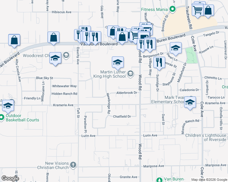 map of restaurants, bars, coffee shops, grocery stores, and more near 18780 Alderbrook Drive in Riverside