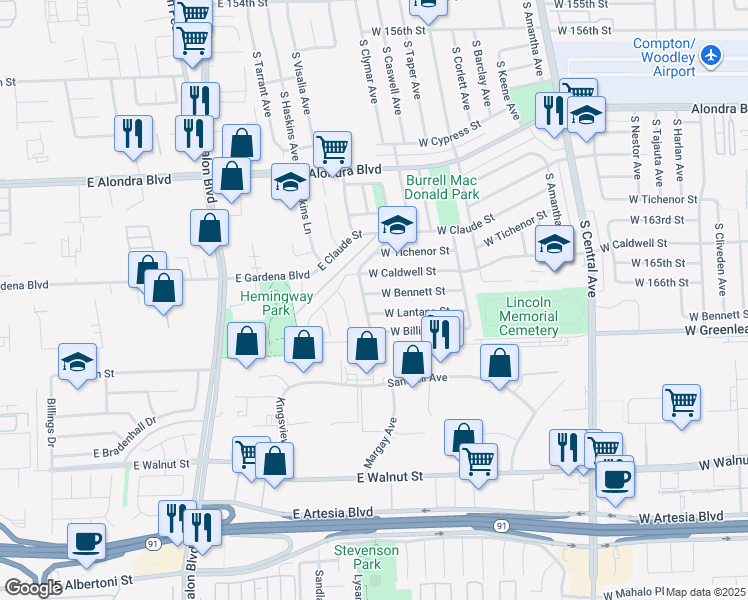 map of restaurants, bars, coffee shops, grocery stores, and more near 2813 West Bennett Street in Compton