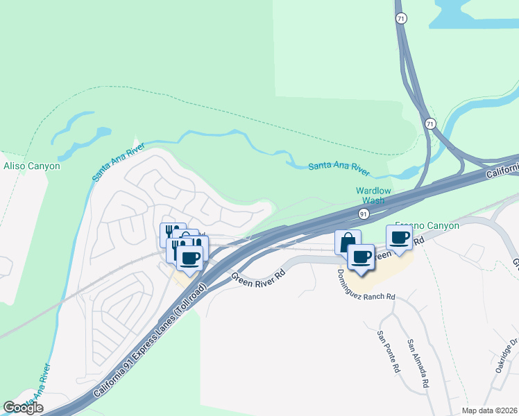 map of restaurants, bars, coffee shops, grocery stores, and more near 4474 Feather River Road in Corona