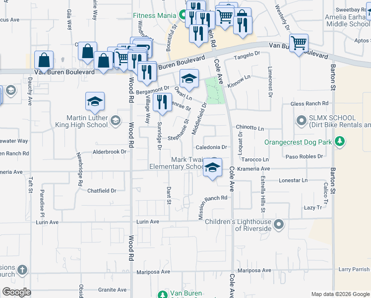 map of restaurants, bars, coffee shops, grocery stores, and more near 9244 Whiting Way in Riverside