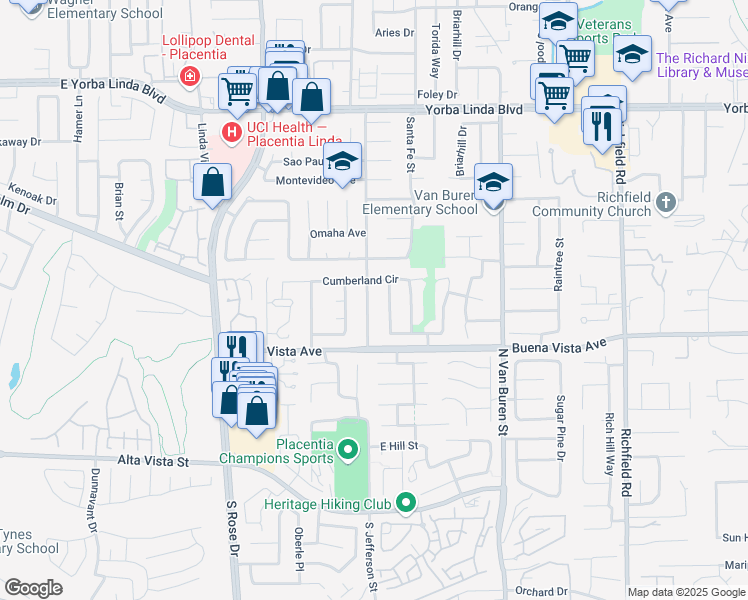 map of restaurants, bars, coffee shops, grocery stores, and more near 5372 North Jefferson Street in Yorba Linda