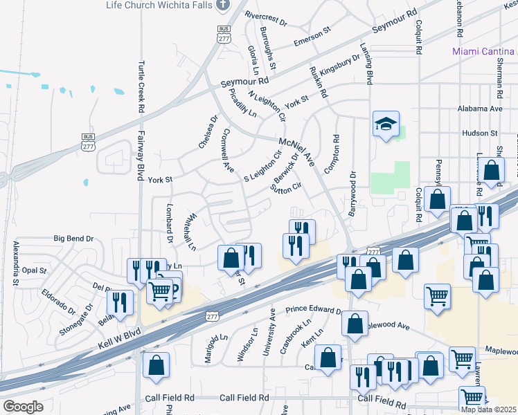 map of restaurants, bars, coffee shops, grocery stores, and more near 8 Avery Row Court in Wichita Falls
