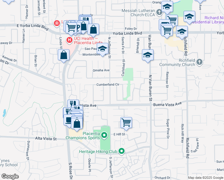 map of restaurants, bars, coffee shops, grocery stores, and more near 5372 North Jefferson Street in Yorba Linda
