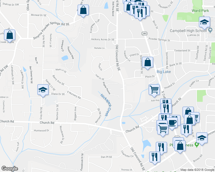 map of restaurants, bars, coffee shops, grocery stores, and more near 1080 Magnolia Way Southeast in Smyrna