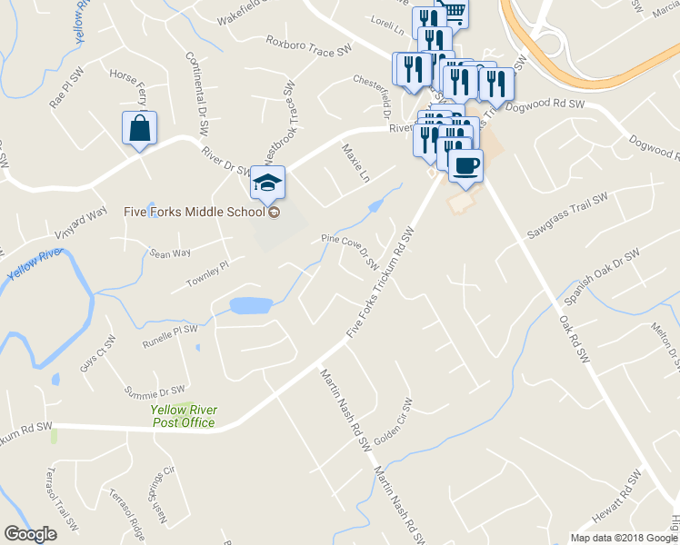 map of restaurants, bars, coffee shops, grocery stores, and more near 3245 Landingview Court in Lilburn