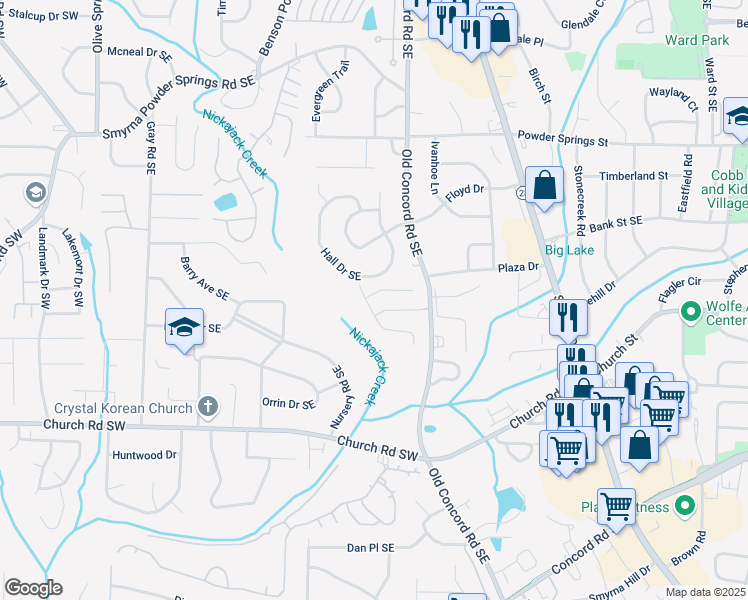 map of restaurants, bars, coffee shops, grocery stores, and more near 1212 Magnolia Way Southeast in Smyrna