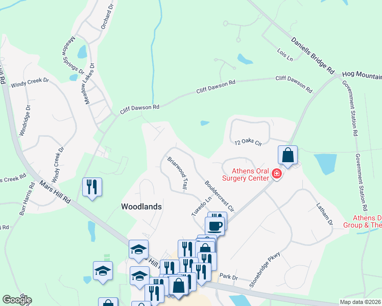 map of restaurants, bars, coffee shops, grocery stores, and more near 1331 Bouldercrest Circle in Watkinsville