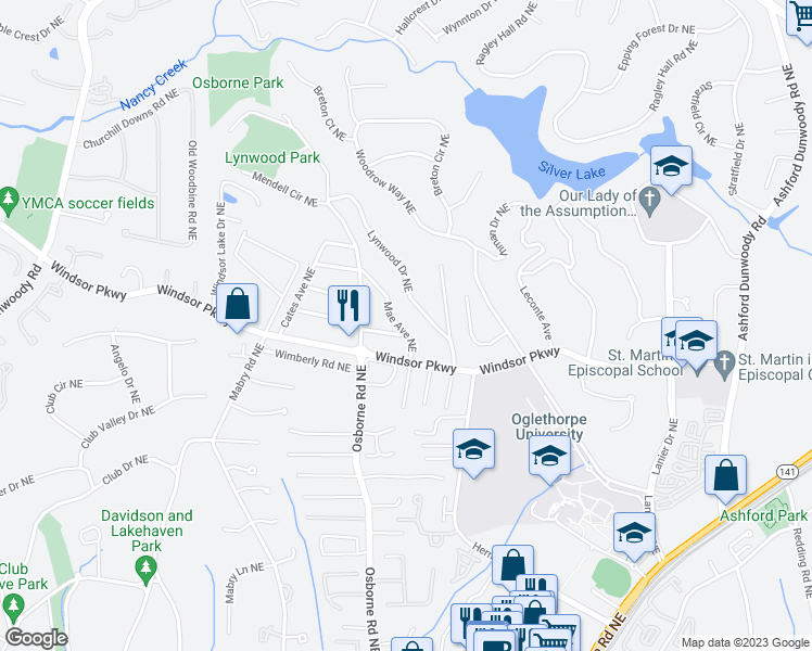 map of restaurants, bars, coffee shops, grocery stores, and more near 3159 Mae Avenue Northeast in Atlanta