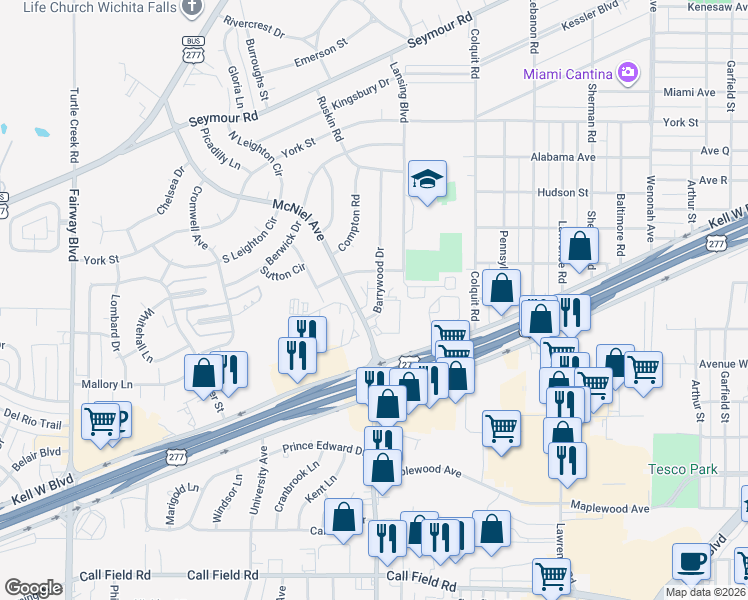 map of restaurants, bars, coffee shops, grocery stores, and more near 3005 McNiel Avenue in Wichita Falls