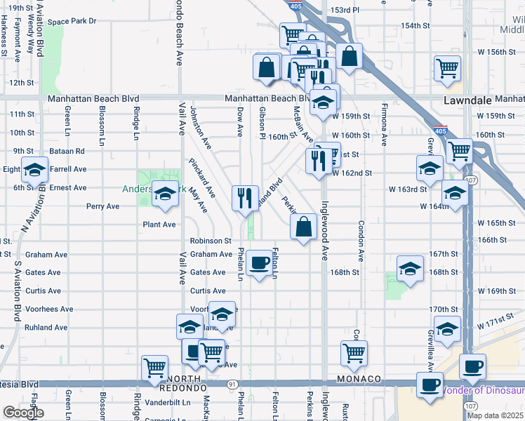 map of restaurants, bars, coffee shops, grocery stores, and more near 2816 Barkley Lane in Redondo Beach