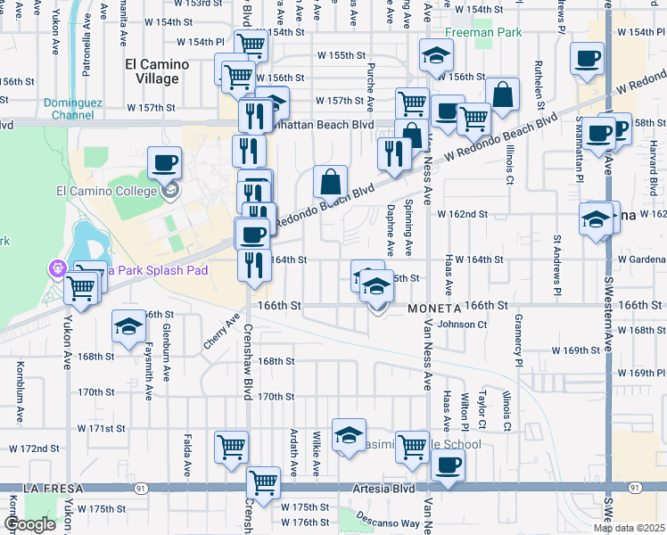 map of restaurants, bars, coffee shops, grocery stores, and more near in Torrance