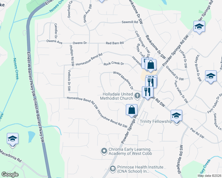 map of restaurants, bars, coffee shops, grocery stores, and more near 2426 Justin Drive Southwest in Marietta
