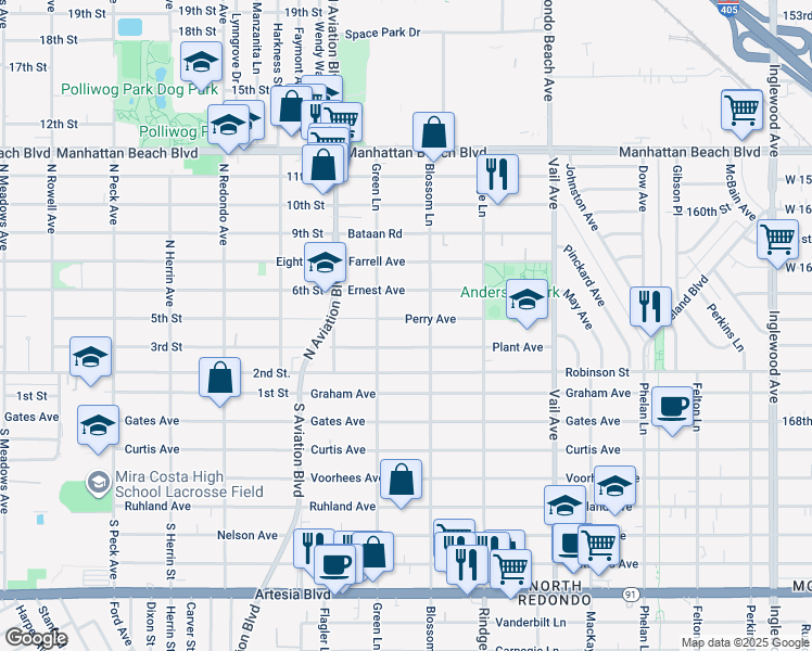 map of restaurants, bars, coffee shops, grocery stores, and more near 2012 Perry Avenue in Redondo Beach