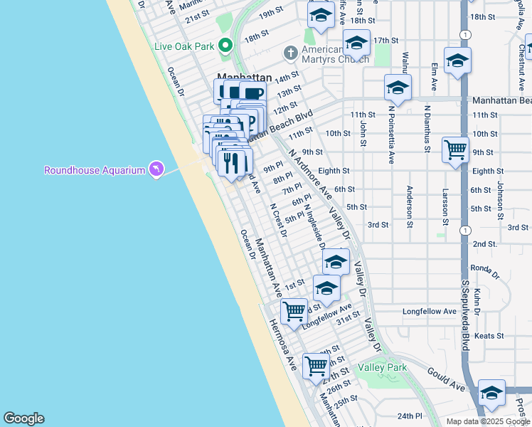 map of restaurants, bars, coffee shops, grocery stores, and more near 221 7th Place in Manhattan Beach