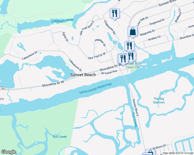 map of restaurants, bars, coffee shops, grocery stores, and more near 217 West Canal Avenue in Sunset Beach