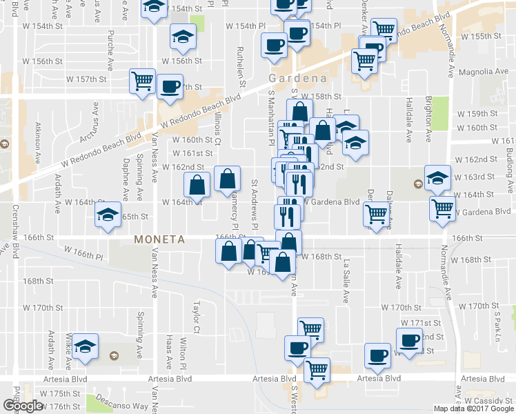 map of restaurants, bars, coffee shops, grocery stores, and more near 1866 West Gardena Boulevard in Gardena