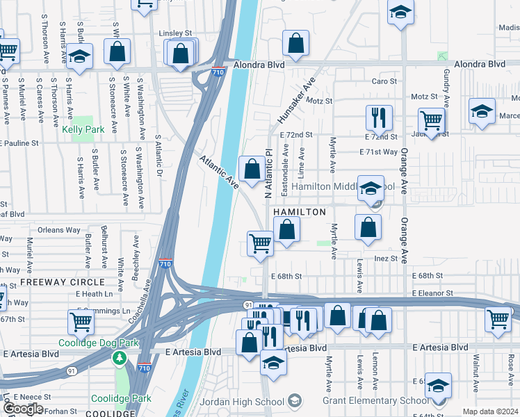 map of restaurants, bars, coffee shops, grocery stores, and more near 6950 North Atlantic Place in Long Beach