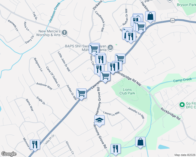 map of restaurants, bars, coffee shops, grocery stores, and more near 5610 Martin Grove Drive in Lilburn