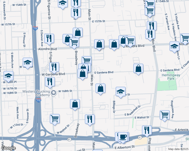 map of restaurants, bars, coffee shops, grocery stores, and more near 16502 Main Street in Gardena