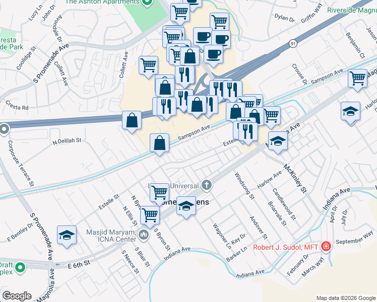 map of restaurants, bars, coffee shops, grocery stores, and more near 13385 Estelle Street in Corona
