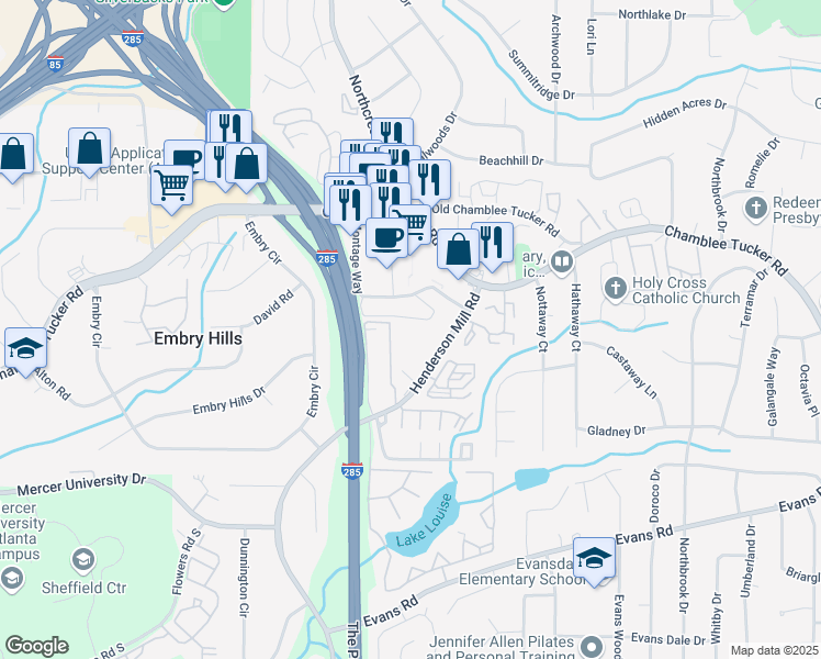 map of restaurants, bars, coffee shops, grocery stores, and more near 3304 Henderson Mill Road in Chamblee