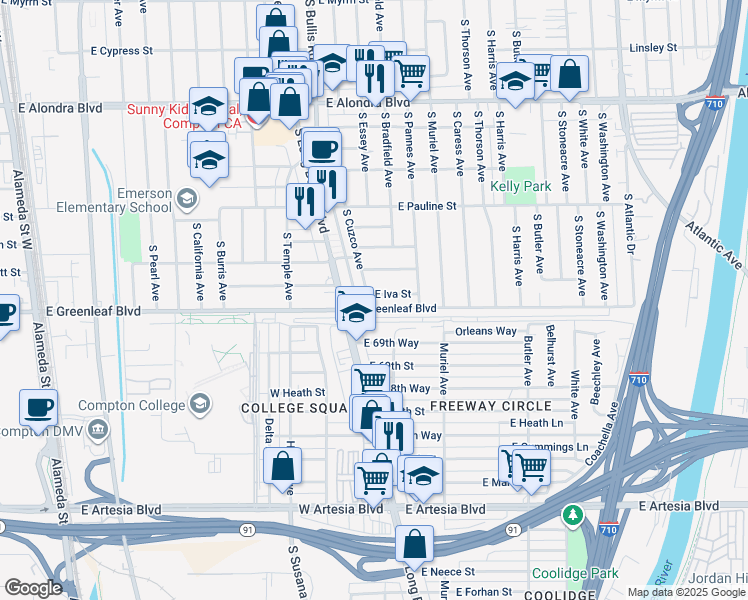 map of restaurants, bars, coffee shops, grocery stores, and more near 3704 East Iva Street in Compton