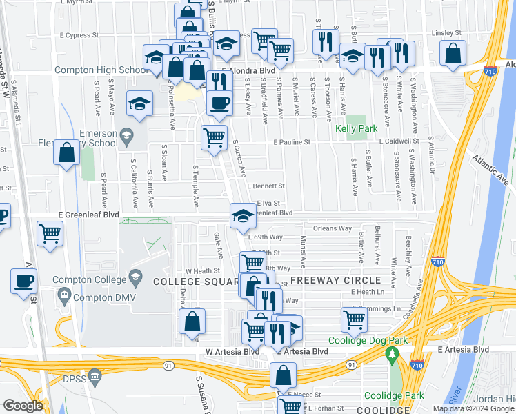 map of restaurants, bars, coffee shops, grocery stores, and more near 3712 East Iva Street in Compton