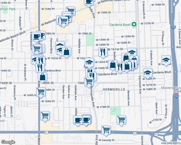 map of restaurants, bars, coffee shops, grocery stores, and more near 1418 West Gardena Boulevard in Gardena
