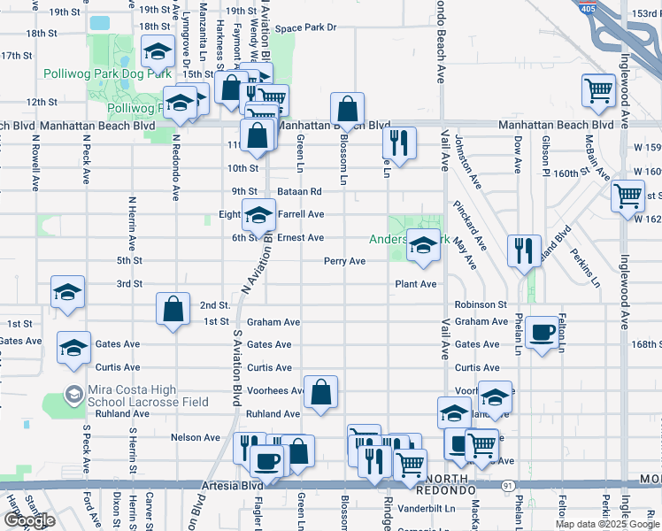 map of restaurants, bars, coffee shops, grocery stores, and more near 2016 Perry Avenue in Redondo Beach
