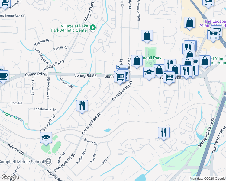 map of restaurants, bars, coffee shops, grocery stores, and more near 1206 Country Park Drive in Smyrna