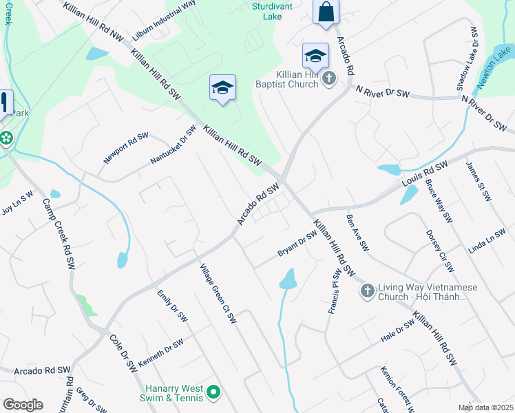 map of restaurants, bars, coffee shops, grocery stores, and more near 4452 Arcado Road Southwest in Lilburn