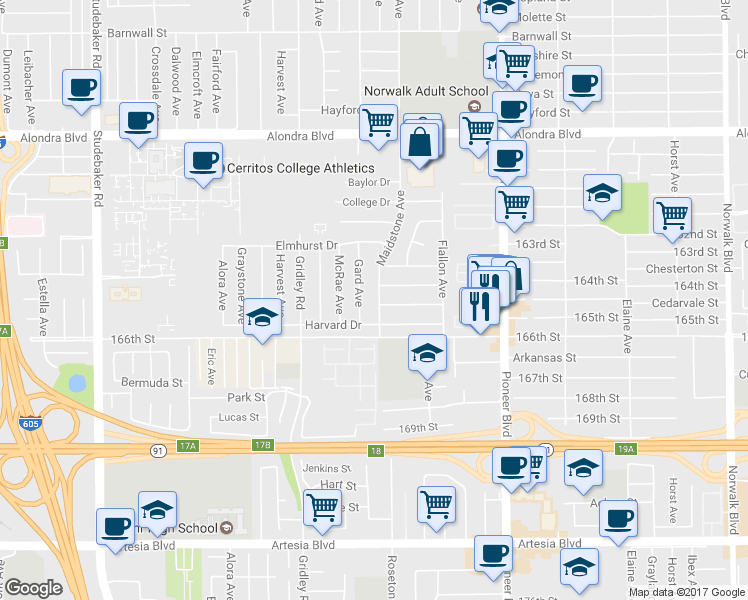 map of restaurants, bars, coffee shops, grocery stores, and more near 16417 Maidstone Avenue in Norwalk