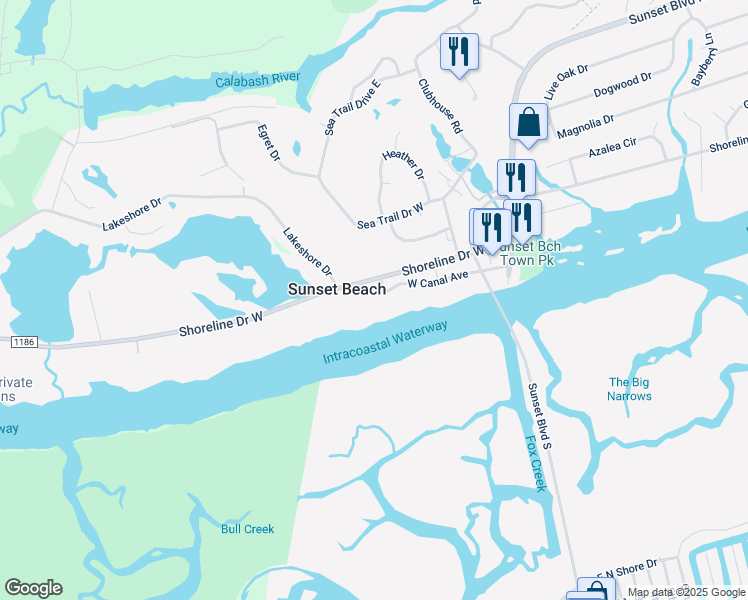 map of restaurants, bars, coffee shops, grocery stores, and more near 303 Shoreline Drive West in Sunset Beach