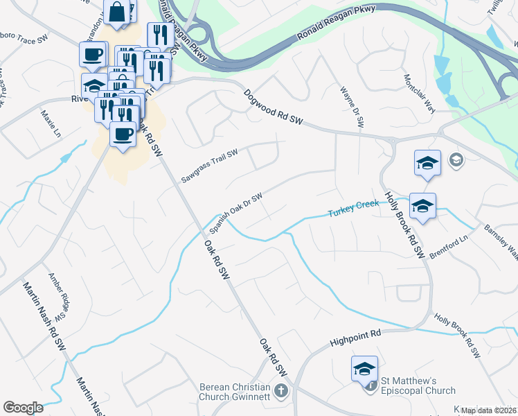 map of restaurants, bars, coffee shops, grocery stores, and more near 1177 Shady Lane Southwest in Lilburn