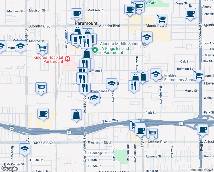 map of restaurants, bars, coffee shops, grocery stores, and more near 3064 70th Street in Long Beach